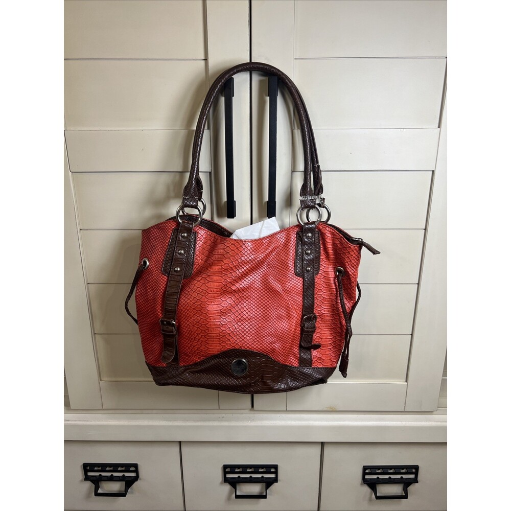 Alfred Dunner Vintage Orange Red Reptile Embossed Faux Satchel Shoulder Bag